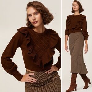 LOUNA Ruffle Trim Lattice V Front Long Puff Sleeve Dark Academia Sweater Size XS